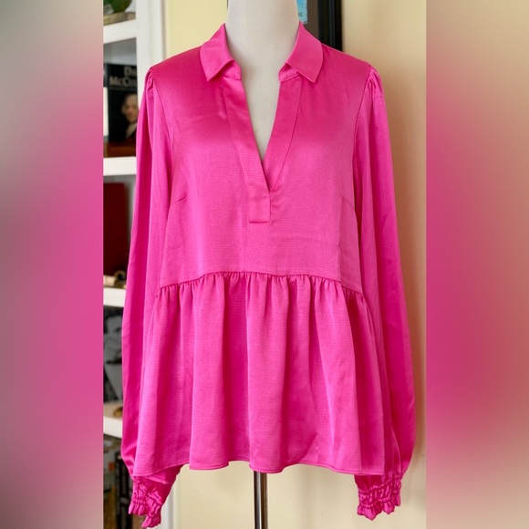 Lilly Pulitzer Top Hot Pink Sateen Jaylene Long Sleeve Peplum Hem Blouse XL - Picture 4 of 9